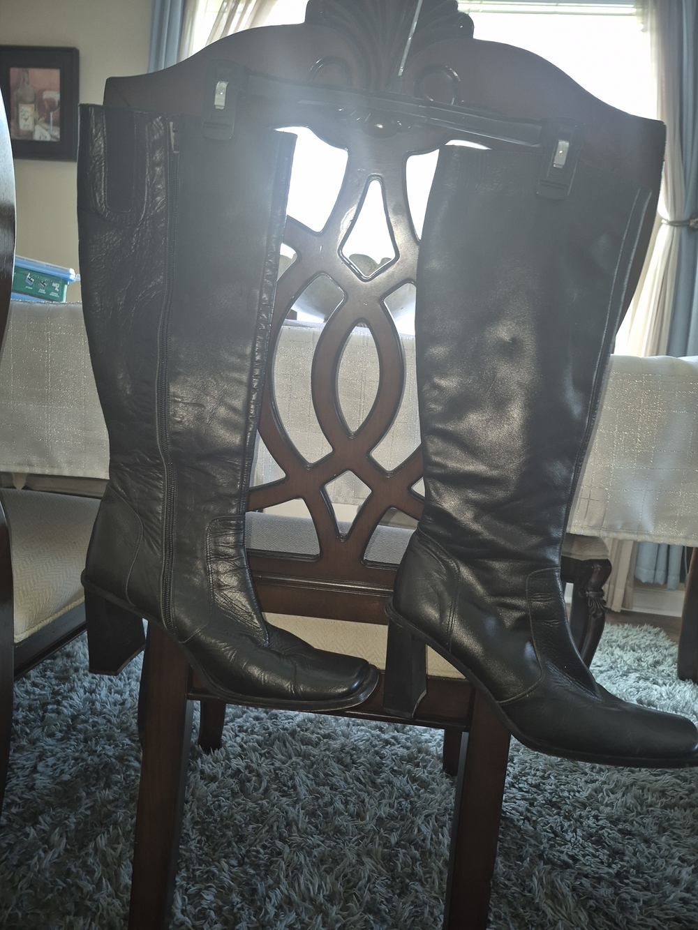 bebe Black Leather Knee-High Block Heel Boots